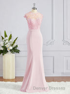 Trumpet/Mermaid High Neck Floor-Length Stretch Crepe Bridesmaid Dress with Appliques Lace