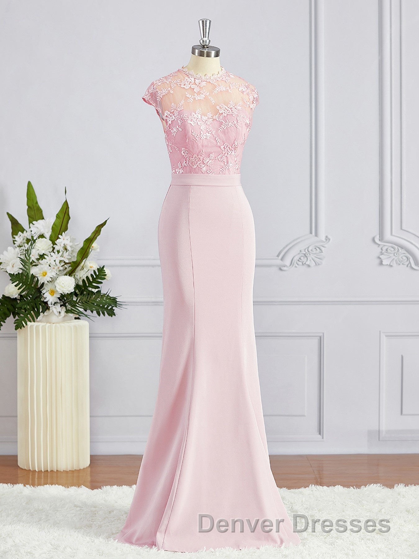 Trumpet/Mermaid High Neck Floor-Length Stretch Crepe Bridesmaid Dress with Appliques Lace