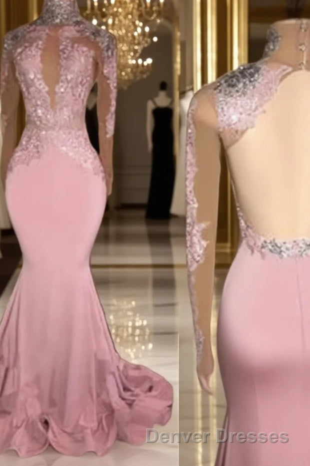 Trumpet/Mermaid High Neck Sweep Train Jersey Evening Dress With Appliques Lace Main image