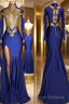 Trumpet/Mermaid High Neck Sweep Train Jersey Prom Dress With Leg Slit