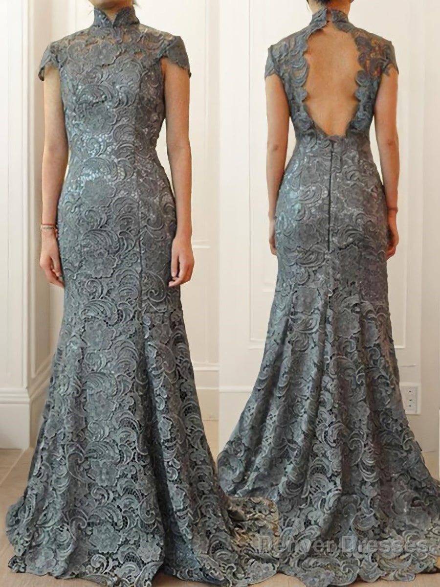 Trumpet/Mermaid High Neck Sweep Train Lace Mother of the Bride Dresses With Ruffles