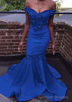 Trumpet/Mermaid Off-the-Shoulder Court Train Satin Prom Dresses With Beading Flowers