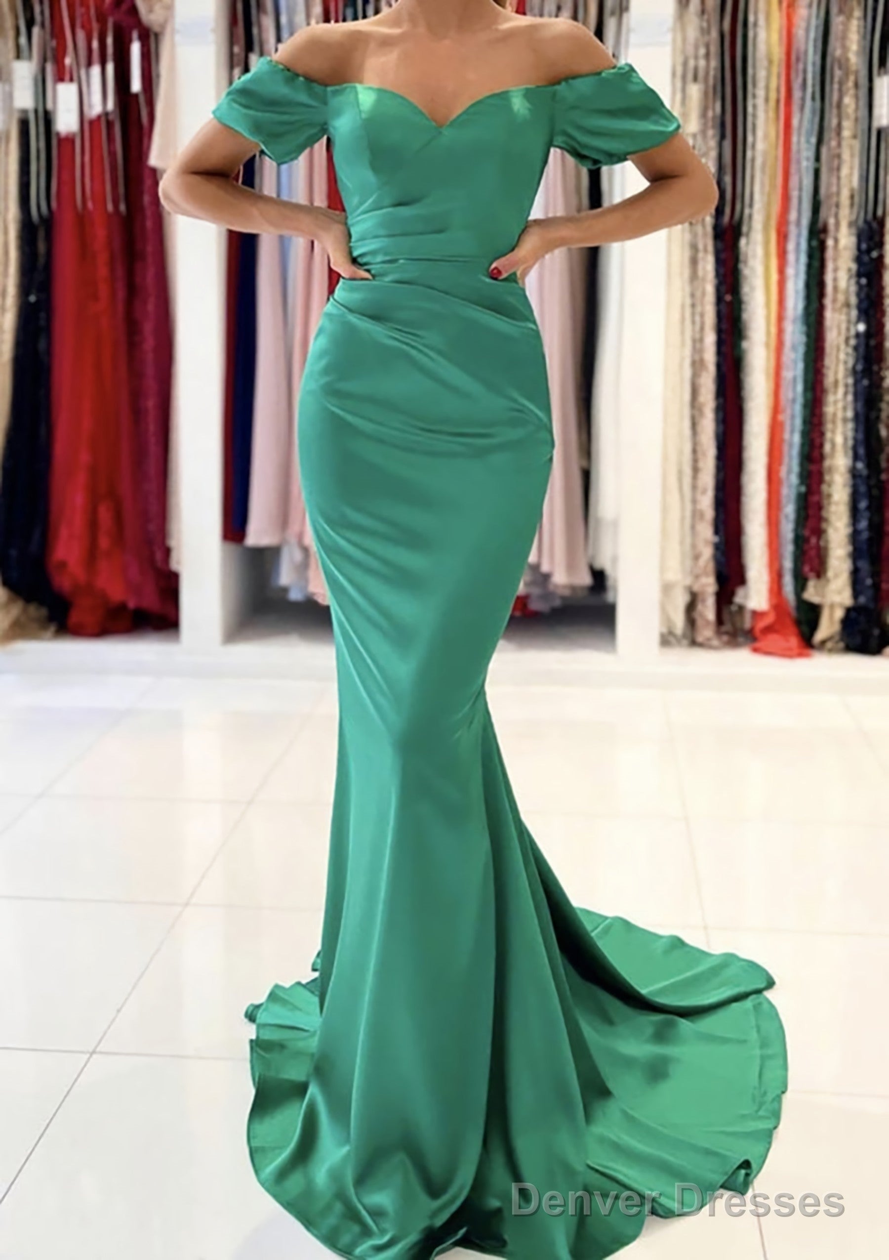 Trumpet/Mermaid Off-the-Shoulder Short Sleeve Satin Sweep Train Prom Dresses With Pleated