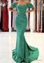 Trumpet/Mermaid Off-the-Shoulder Short Sleeve Satin Sweep Train Prom Dresses With Pleated