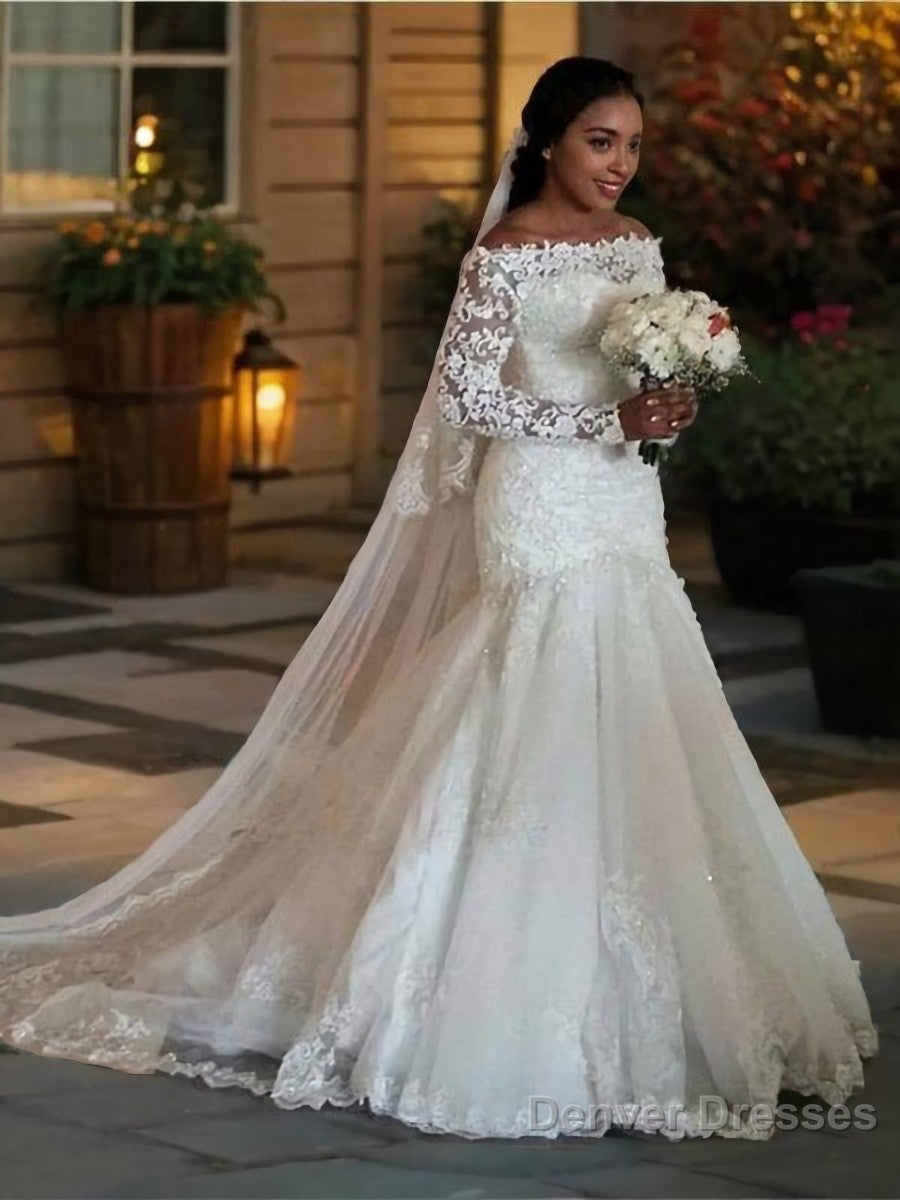 Trumpet/Mermaid Off-the-Shoulder Sweep Train Tulle Wedding Dresses With Appliques Lace Main image