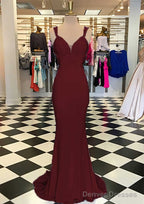 Trumpet/Mermaid Scalloped Neck Sleeveless Sweep Train Elastic Satin Prom Dresses With Appliqued