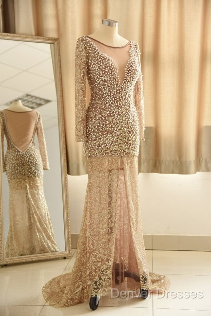 Trumpet Mermaid Scoop Champagne Tulle Beading Luxury Prom Dress