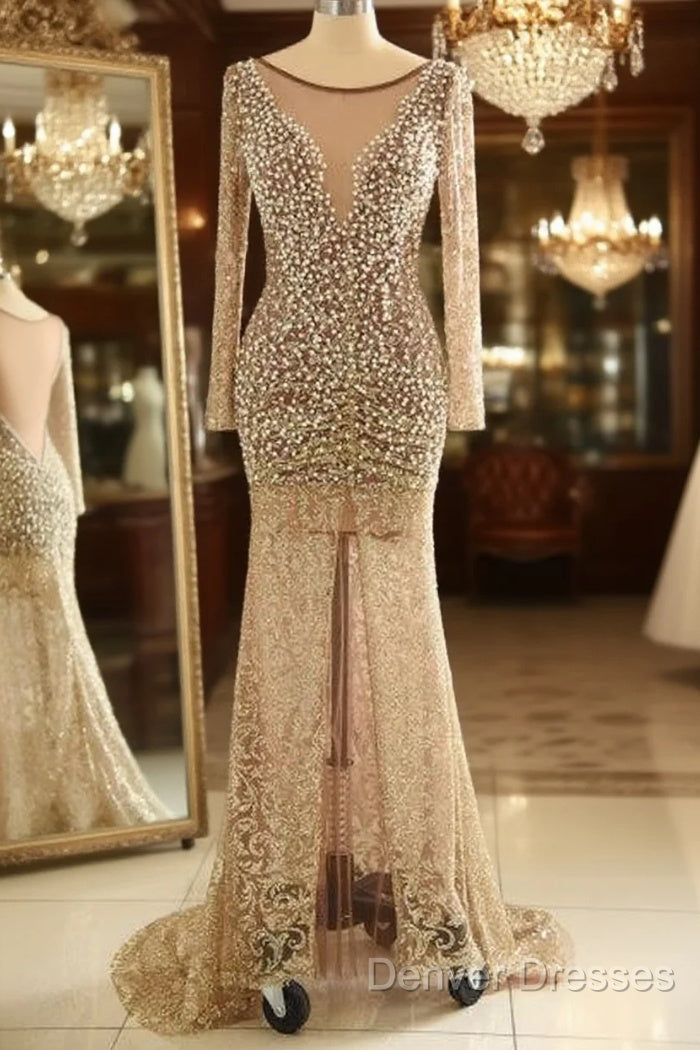 Trumpet Mermaid Scoop Champagne Tulle Beading Luxury Prom Dress Main image