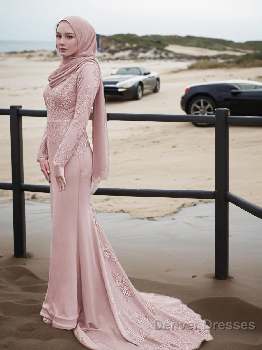 Trumpet/Mermaid Scoop Sweep Train Silk like Satin Prom Dresses With Appliques Lace Main image