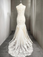 Trumpet/Mermaid Scoop Sweep Train Tulle Wedding Dress With Appliques Lace