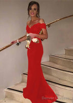 Trumpet/Mermaid Sleeveless Off-the-Shoulder Sweep Train Lace Prom Dresses With Appliqued Beaded Sequins