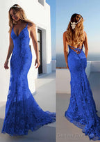 Trumpet/Mermaid Spaghetti Straps Court Train Lace Prom Dresses