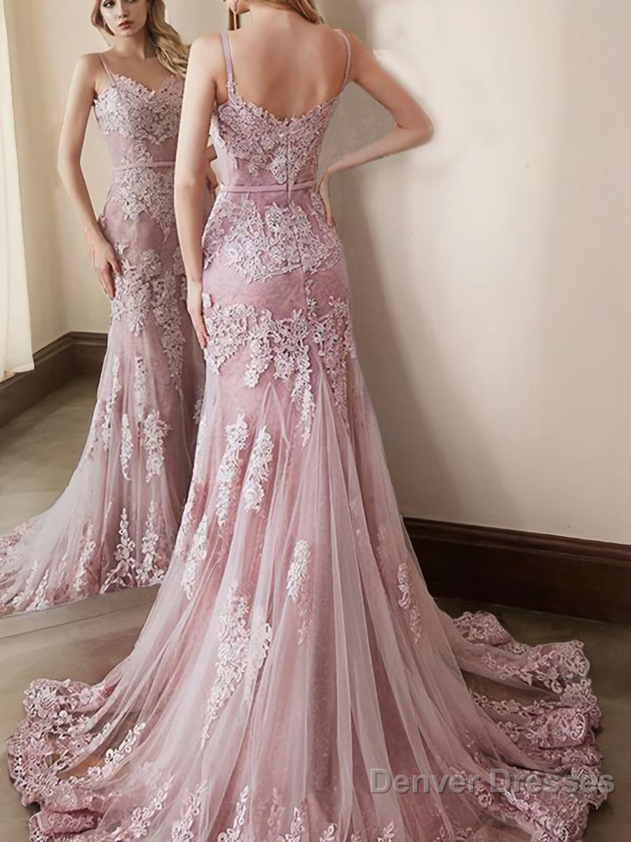 Trumpet/Mermaid Spaghetti Straps Sweep Train Lace Evening Dresses With Appliques Lace Secondary image