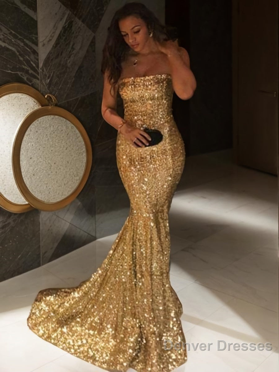 Trumpet/Mermaid Strapless Sweep Train Sequins Prom Dresses Secondary image