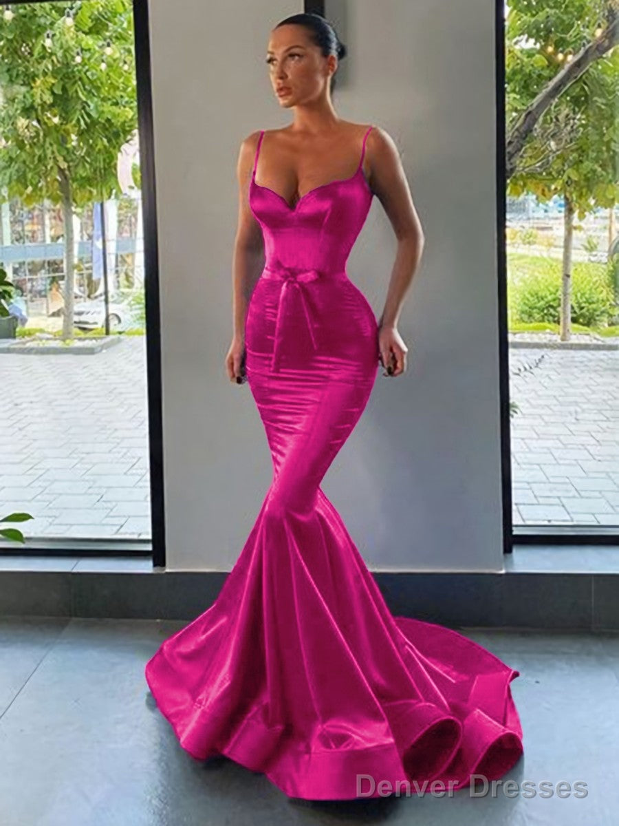 Trumpet/Mermaid Sweetheart Sweep Train Silk like Satin Prom Dresses With Belt/Sash