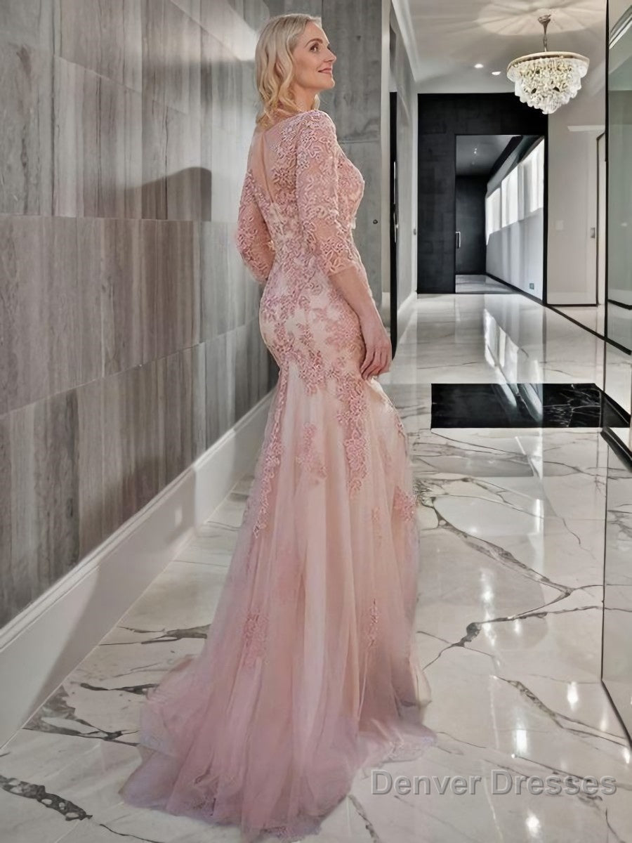 Trumpet/Mermaid Tulle Lace V-neck 3/4 Sleeves Sweep/Brush Train Mother of the Bride Dresses Secondary image