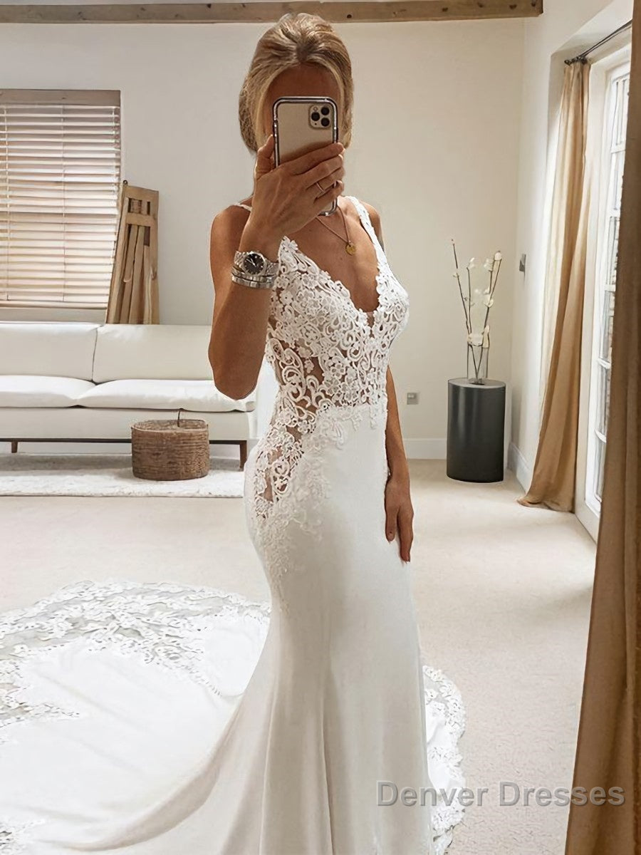 Trumpet/Mermaid V-neck Cathedral Train Stretch Crepe Wedding Dresses With Appliques Lace