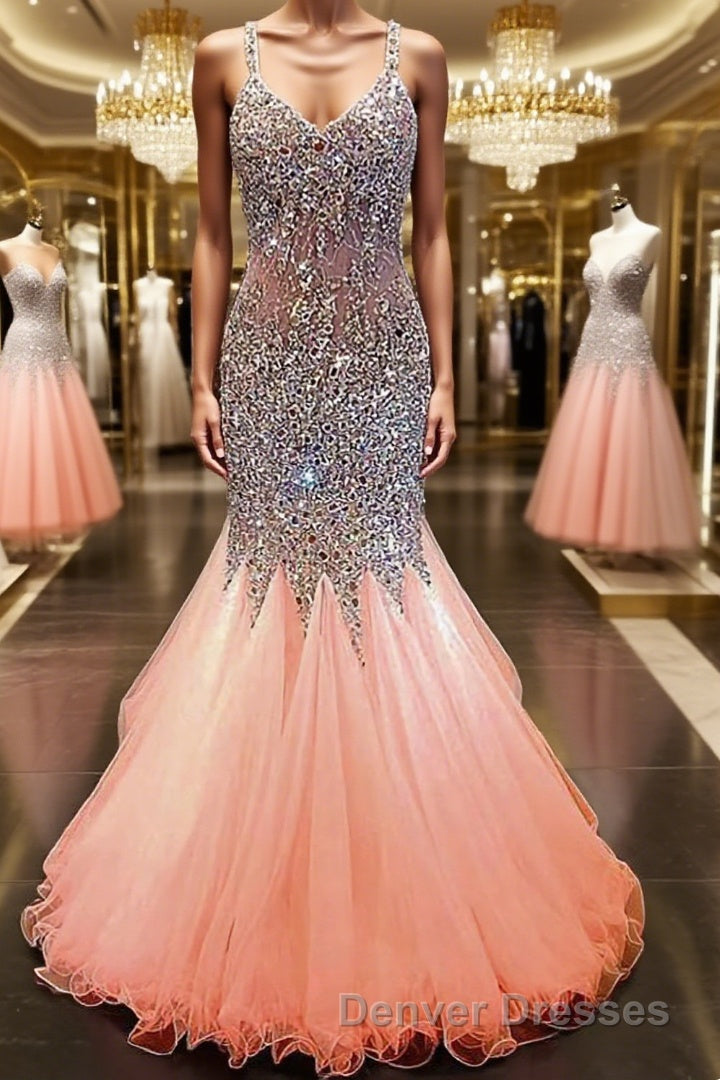 Trumpet/Mermaid V-neck Floor-Length Tulle Prom Dress With Rhinestone