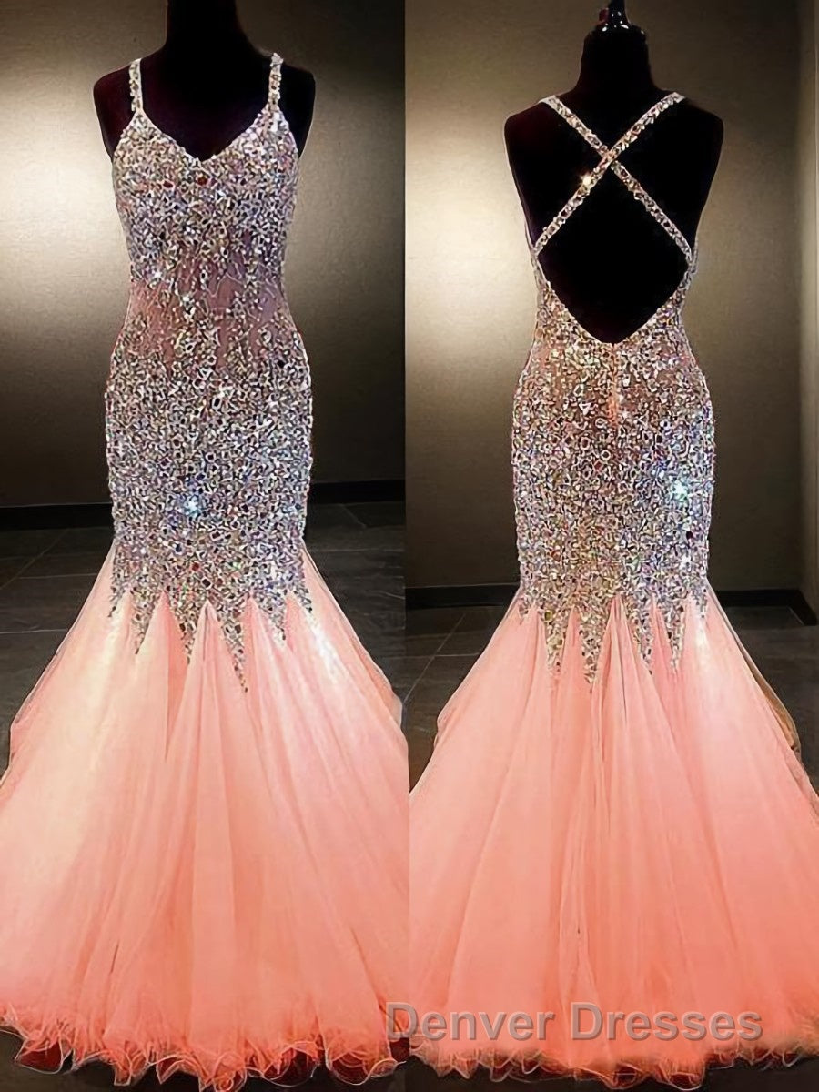 Trumpet/Mermaid V-neck Floor-Length Tulle Prom Dress With Rhinestone