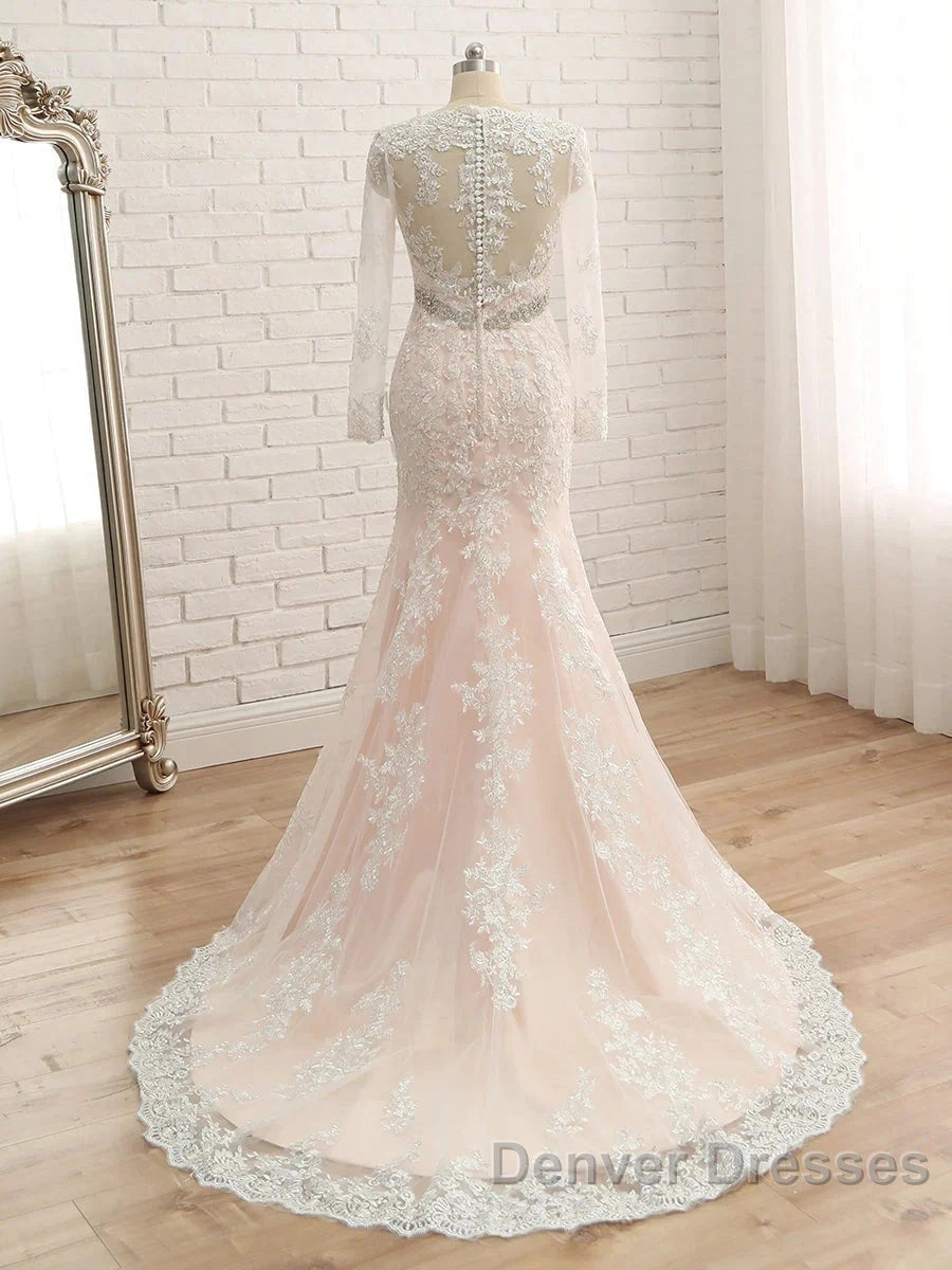 Trumpet/Mermaid V-Neck Long Sleeves Applique With Rhinestone Tulle Floor-Length Wedding Dress Secondary image