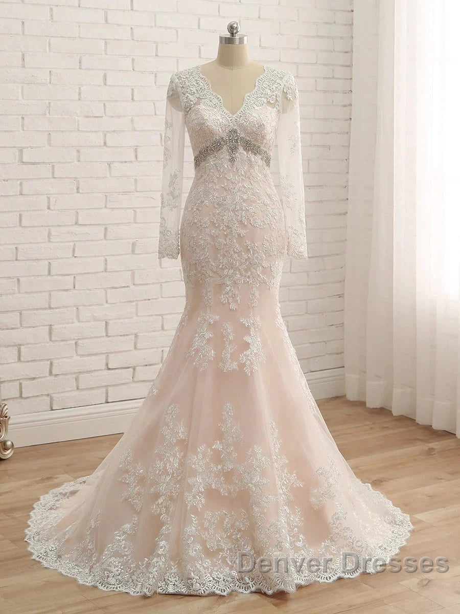Trumpet/Mermaid V-Neck Long Sleeves Applique With Rhinestone Tulle Floor-Length Wedding Dress
