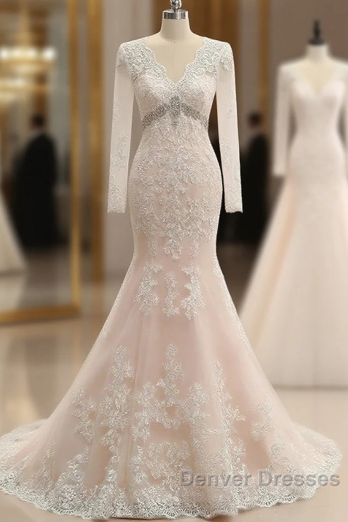 Trumpet/Mermaid V-Neck Long Sleeves Applique With Rhinestone Tulle Floor-Length Wedding Dress Main image