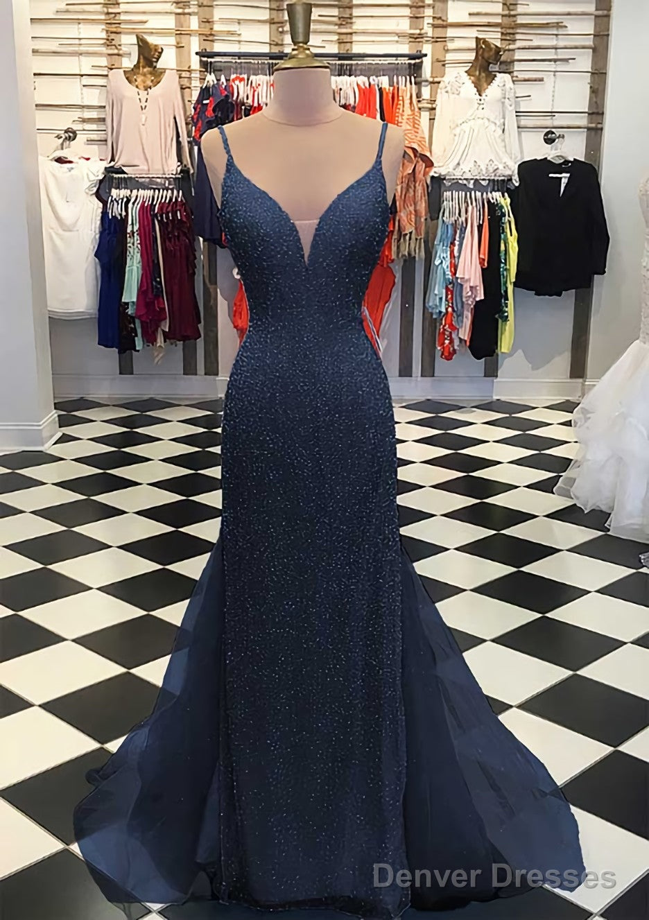 Trumpet/Mermaid V Neck Sleeveless Court Train Lace Tulle Prom Dresses Secondary image