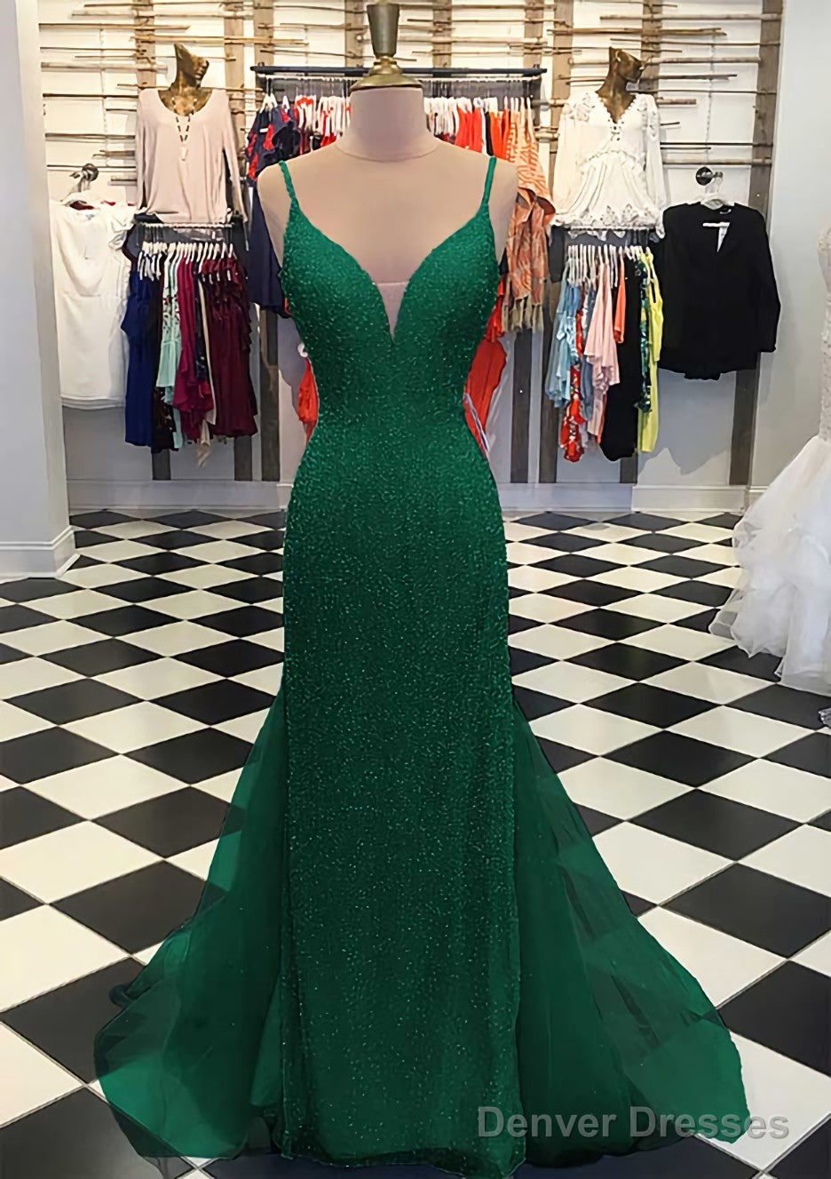 Trumpet/Mermaid V Neck Sleeveless Court Train Lace Tulle Prom Dresses