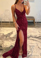 Trumpet/Mermaid V Neck Sleeveless Sweep Train Allover Sparkly Sequined Prom Dresses With Split