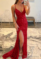 Trumpet/Mermaid V Neck Sleeveless Sweep Train Allover Sparkly Sequined Prom Dresses With Split