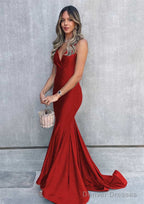 Trumpet/Mermaid V Neck Sleeveless Sweep Train Jersey Prom Dresses
