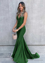 Trumpet/Mermaid V Neck Sleeveless Sweep Train Jersey Prom Dresses
