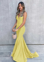Trumpet/Mermaid V Neck Sleeveless Sweep Train Jersey Prom Dresses