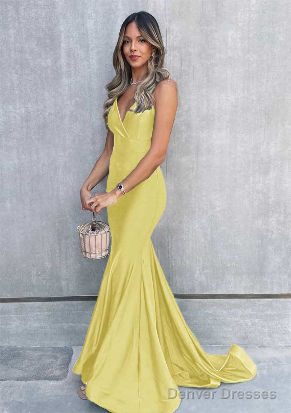 Trumpet/Mermaid V Neck Sleeveless Sweep Train Jersey Prom Dresses