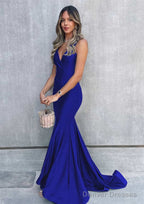 Trumpet/Mermaid V Neck Sleeveless Sweep Train Jersey Prom Dresses