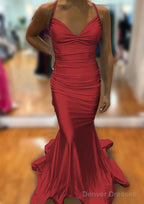 Trumpet/Mermaid V Neck Sleeveless Sweep Train Jersey Prom Dresses With Pleated