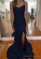 Trumpet/Mermaid V Neck Sleeveless Sweep Train Jersey Prom Dresses With Split Pleated