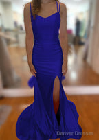Trumpet/Mermaid V Neck Sleeveless Sweep Train Jersey Prom Dresses With Split Pleated