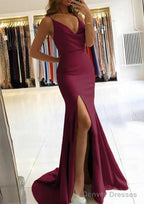 Trumpet/Mermaid V Neck Sleeveless Sweep Train Satin Prom Dresses