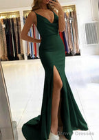 Trumpet/Mermaid V Neck Sleeveless Sweep Train Satin Prom Dresses