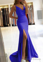 Trumpet/Mermaid V Neck Sleeveless Sweep Train Satin Prom Dresses
