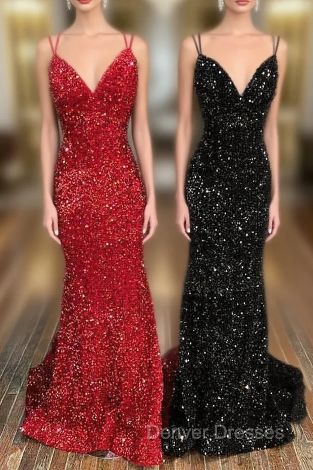 Trumpet/Mermaid V Neck Sleeveless Velvet Sequins Court Train Prom Dress With Pleated Main image