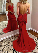 Trumpet/Mermaid V Neck Spaghetti Straps Court Train Jersey Prom Dresses With Pleated