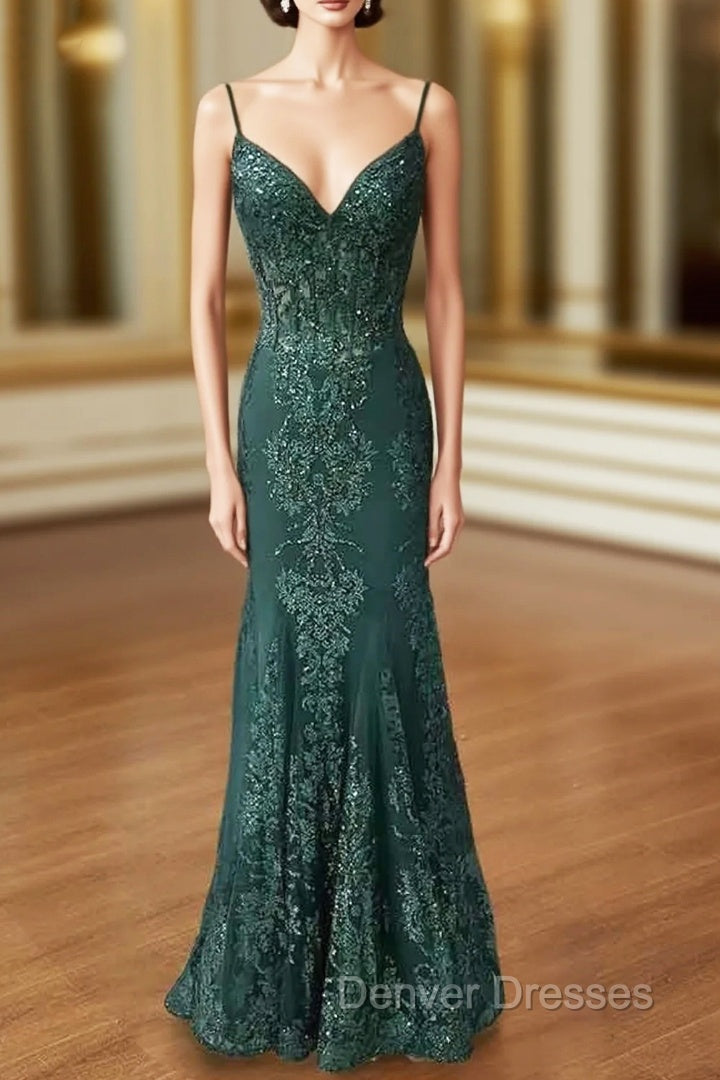 Trumpet/Mermaid V Neck Spaghetti Straps Long/Floor-Length Tulle Prom Dress With Appliqued Beading Main image