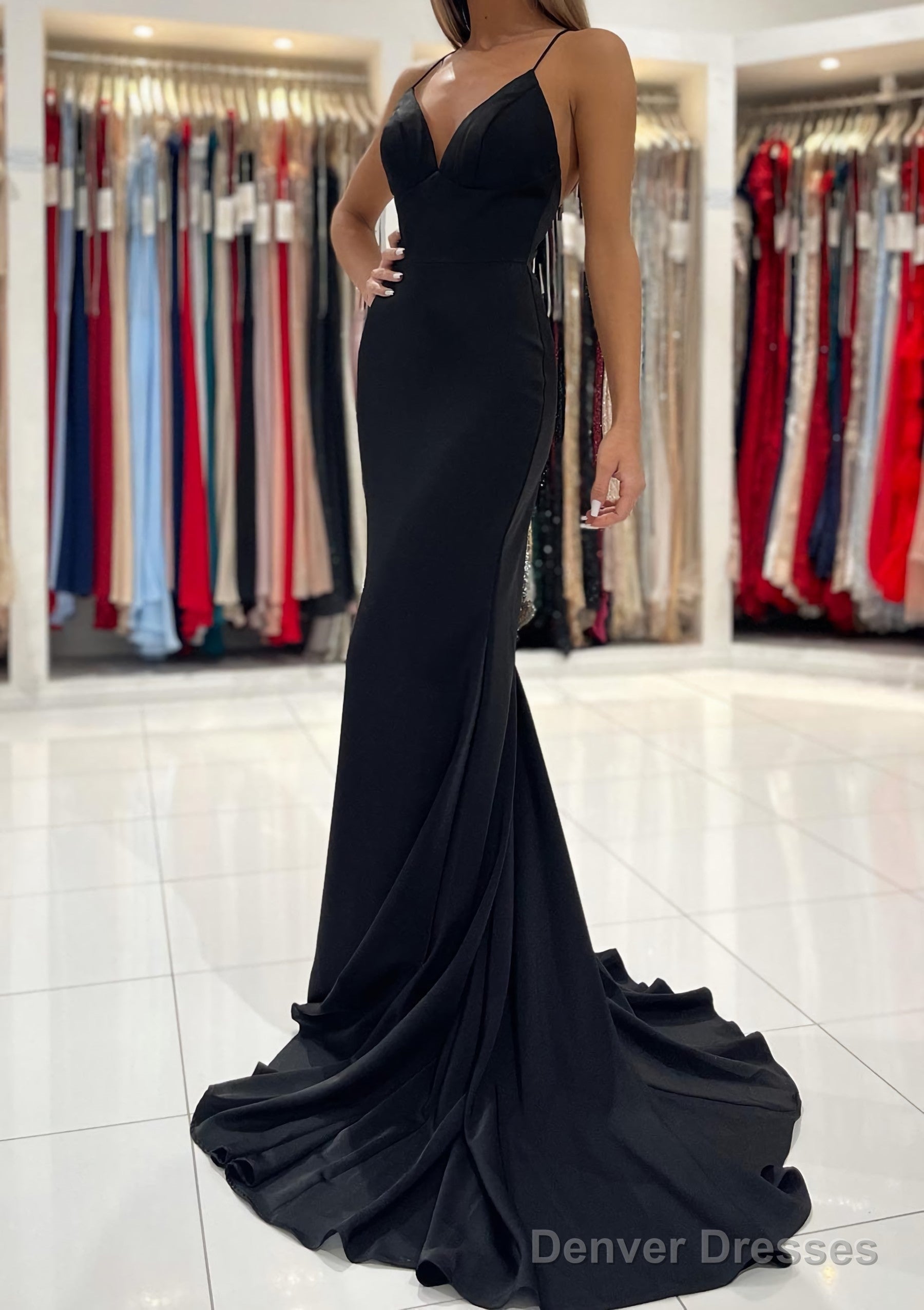 Trumpet/Mermaid V Neck Sweep Train Sleeveless Elastic Satin Prom Dresses Main image