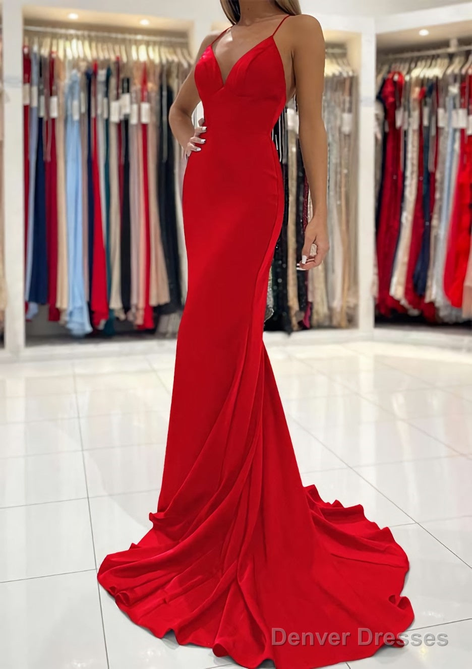Trumpet/Mermaid V Neck Sweep Train Sleeveless Elastic Satin Prom Dresses