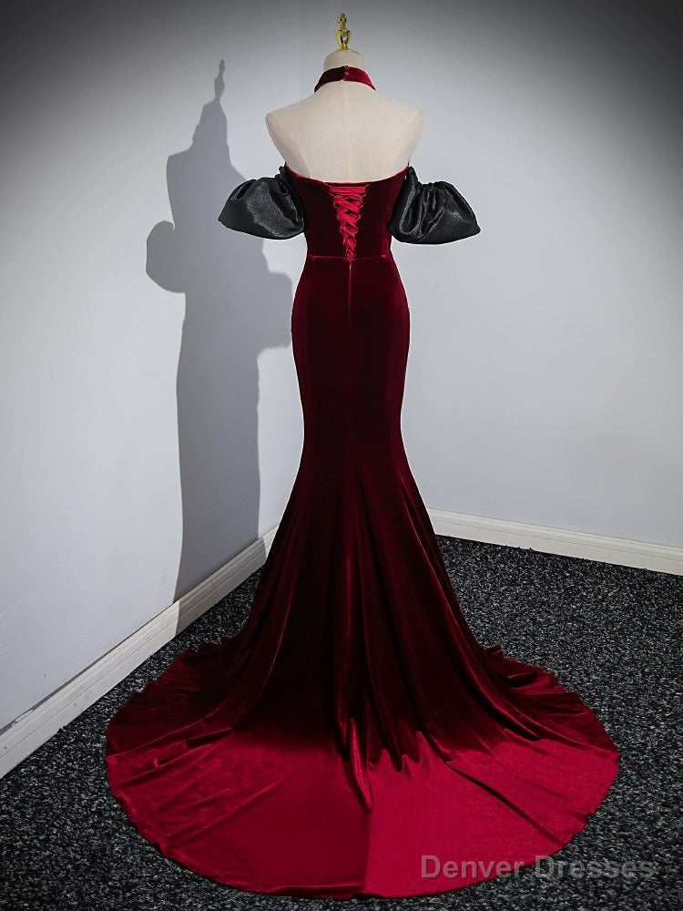 Trumpet/Mermaid Velvet Burgundy Long Prom Dress with Beads