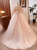 Pink Sweetheart Neck Corset Tulle Prom Dress, A-Line Off the Shoulder Sweet 16 Dress