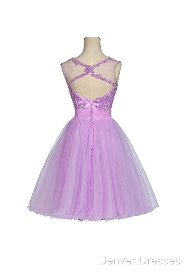 Tulle Appliques Beads Open Back Short Purple Homecoming Dress