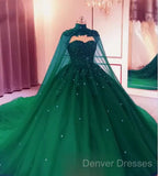 Tulle Ball Gown Emerald Green Quinceanera Dress Crystals With Cape Free